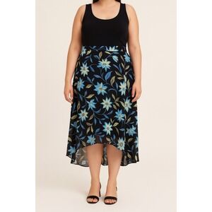 i.e. Women's XL Floral Hi Low Skirt Black Blue Yellow Midi Asymmetrical Vtg‎ Y2K